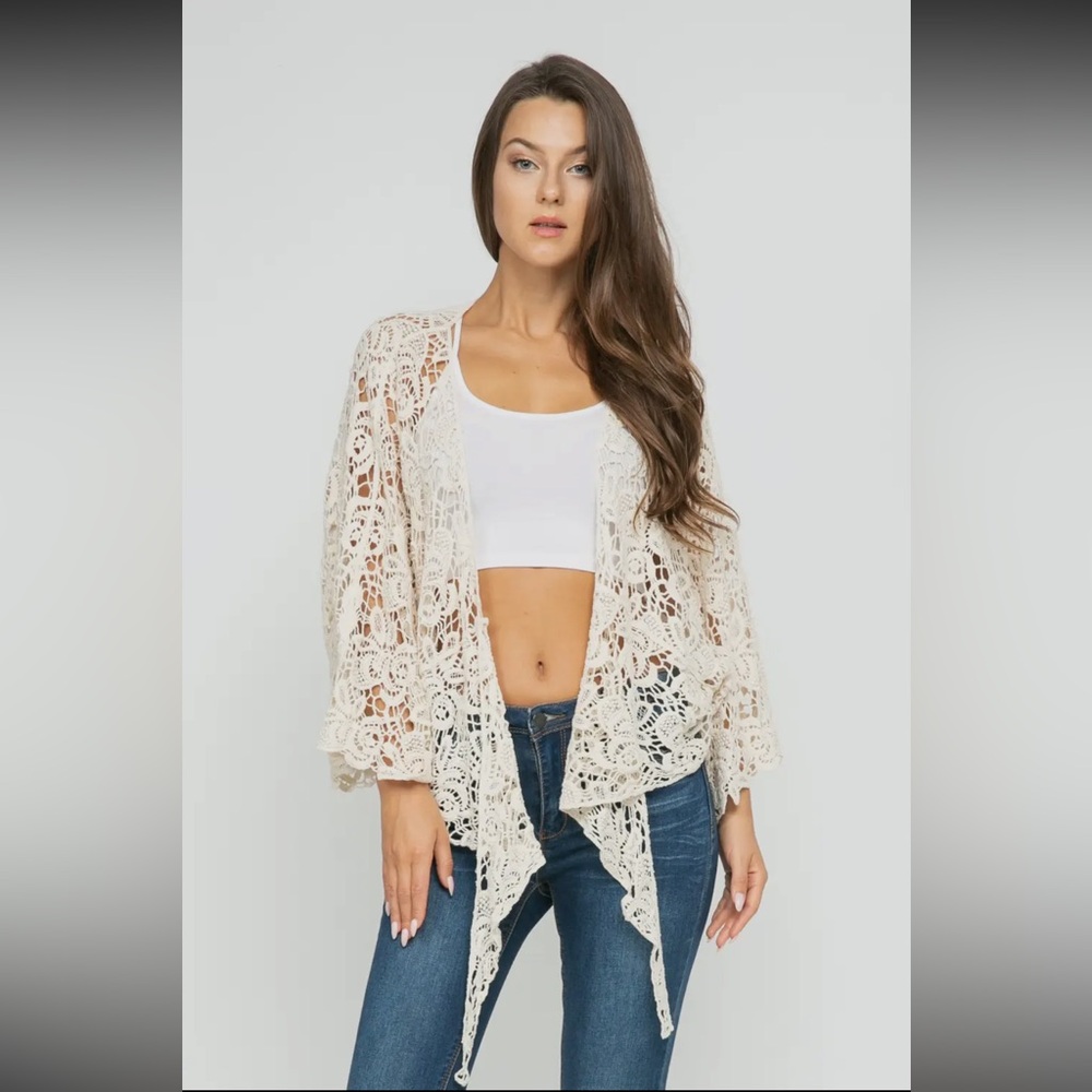 Raj Ivory Cream Lace Crochet Women's Cardigan Shrug Kimono - Picture 2 of 7